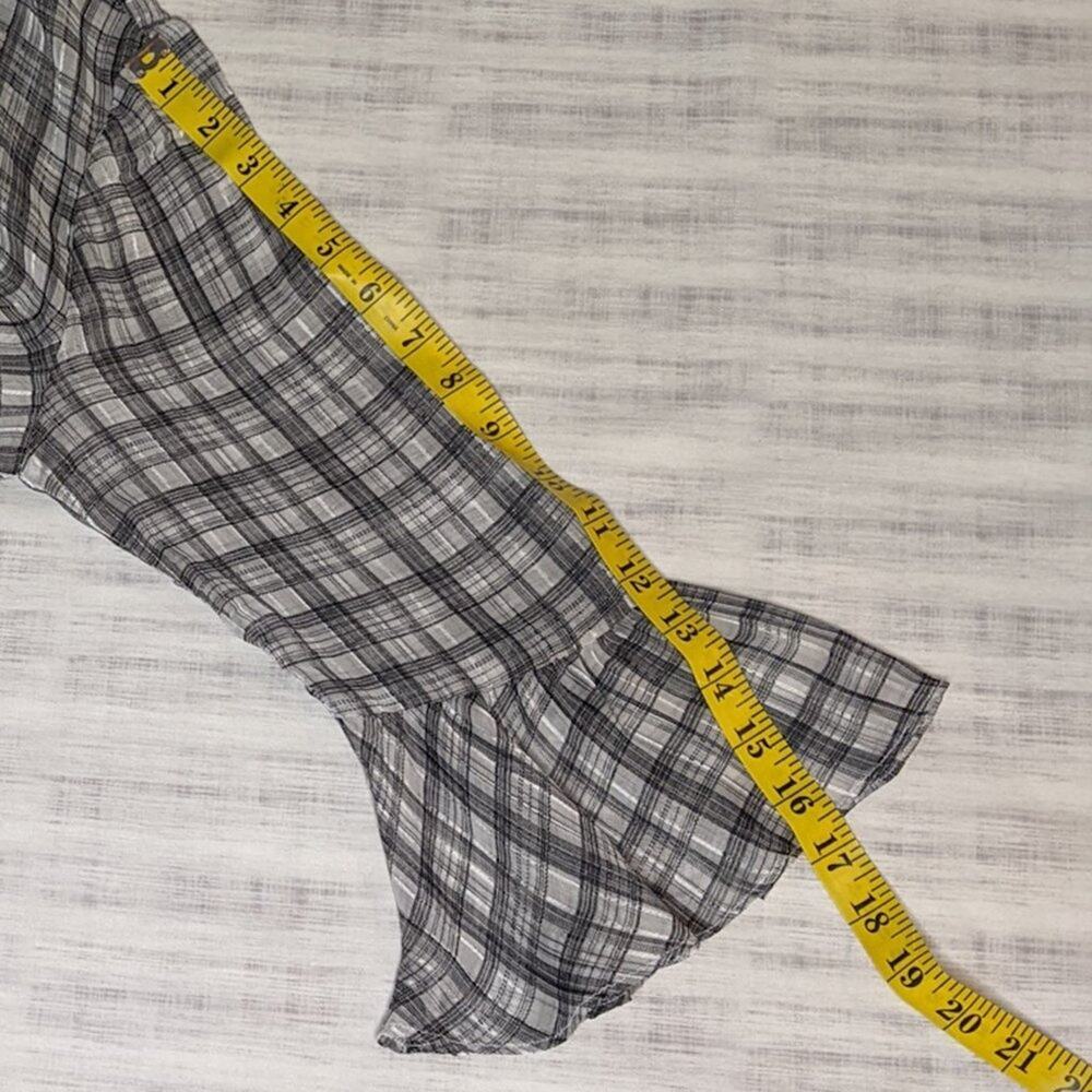 MINKPINK NWT Preppy Semi Sheer Check Plaid Blouse High Neck Ruffle Black White - Picture 7 of 11